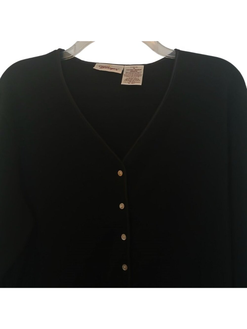 Worthington Size 1X Black Cardigan Cotton Blend Satin Trim V-Neck Button #D49 - Picture 7 of 8